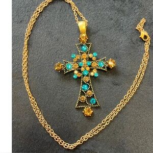 Vintage Bronze Cross and Necklace with turquoise and yellow rhinestones
